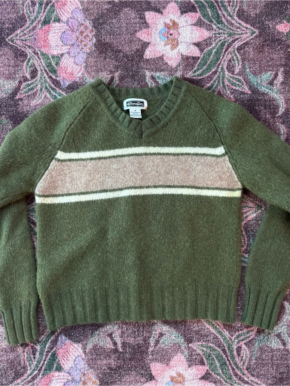 Xhilaration Vintage Olive Green V-Neck Striped Wool Sweater - Medium